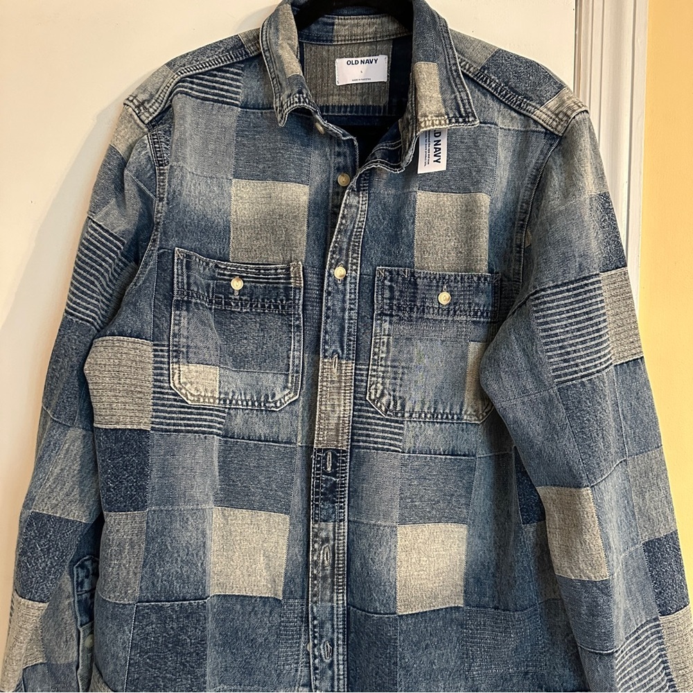 NWT Old Navy Denim Patchwork Shirt Men L - Picture 5 of 7